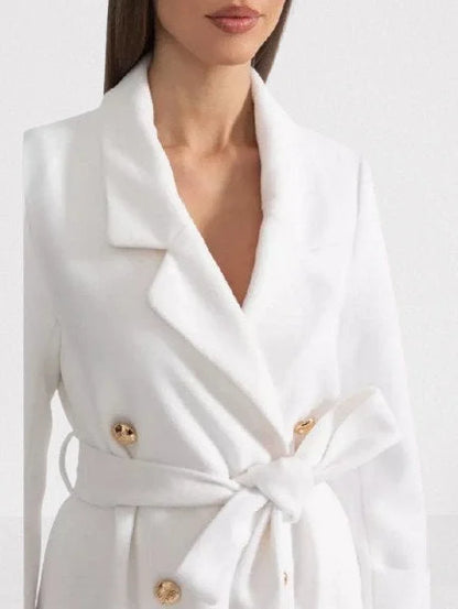 Double-Breasted Long White Wool-Blend Coat - Coats