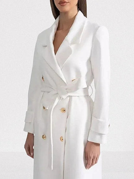 Double-Breasted Long White Wool-Blend Coat - Coats
