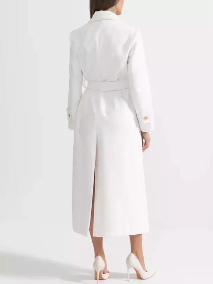 Double-Breasted Long White Wool-Blend Coat - Coats