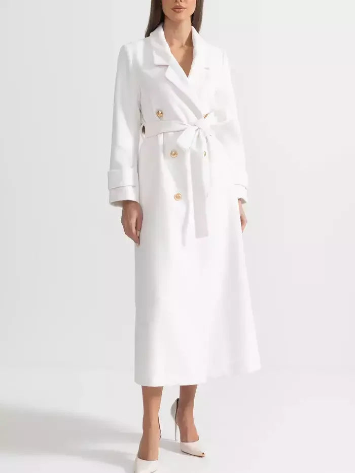 Double-Breasted Long White Wool-Blend Coat - Coats