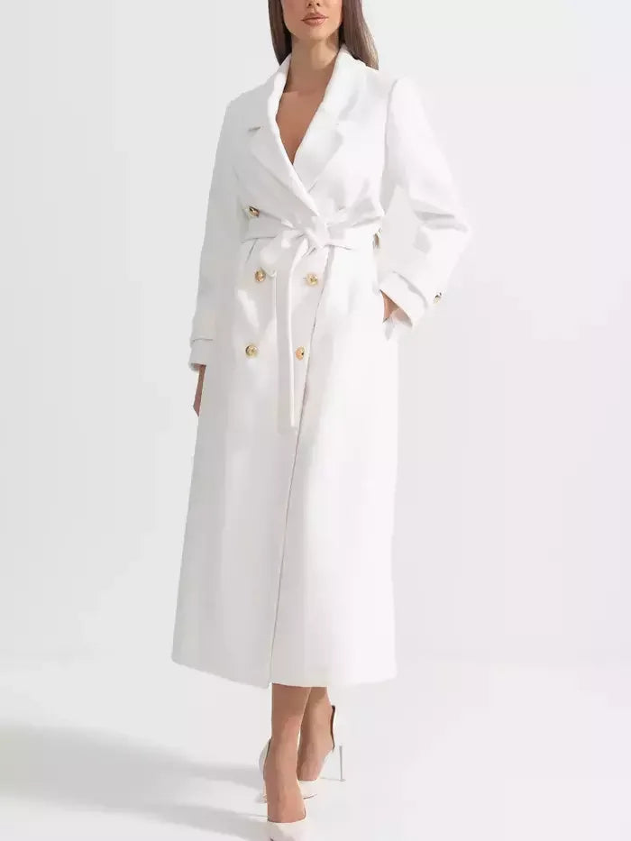 Double-Breasted Long White Wool-Blend Coat - Coats