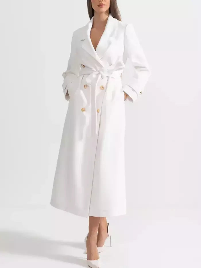 Double-Breasted Long White Wool-Blend Coat - Coats