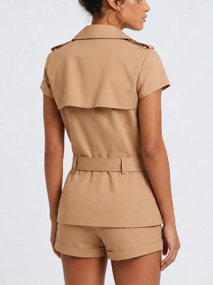 Double-Breasted Trench Jacket and Shorts Set - Suits & Sets