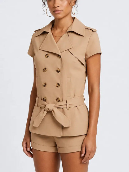 Double-Breasted Trench Jacket and Shorts Set - Suits & Sets