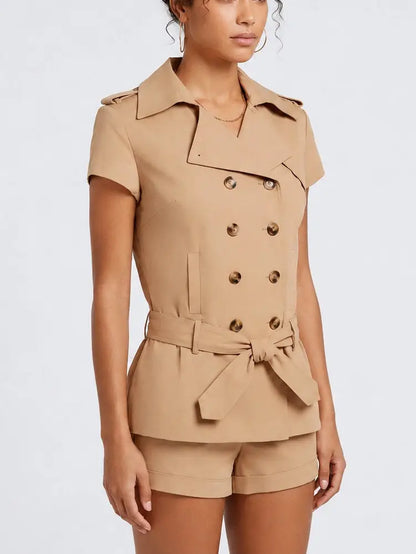 Double-Breasted Trench Jacket and Shorts Set - Suits & Sets