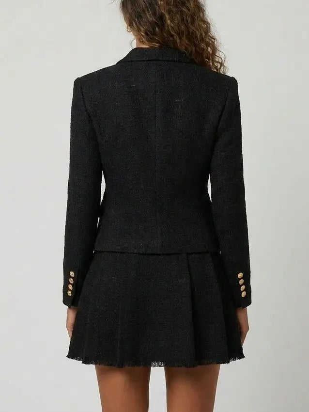 Double-Breasted Tweed Blazer and Skirt Set in Black - Suits & Sets