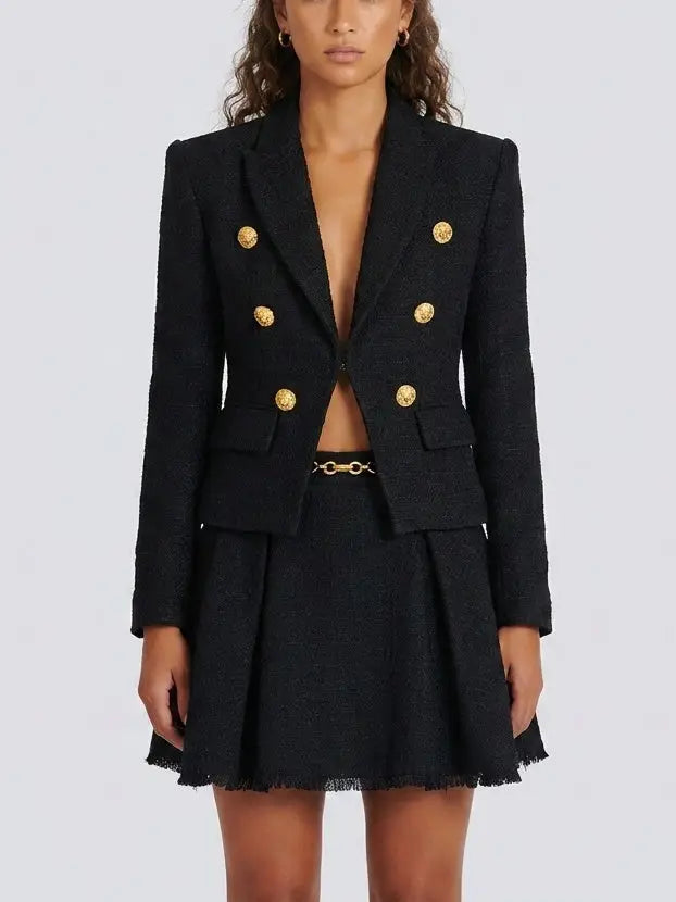 Double-Breasted Tweed Blazer and Skirt Set in Black - Suits & Sets
