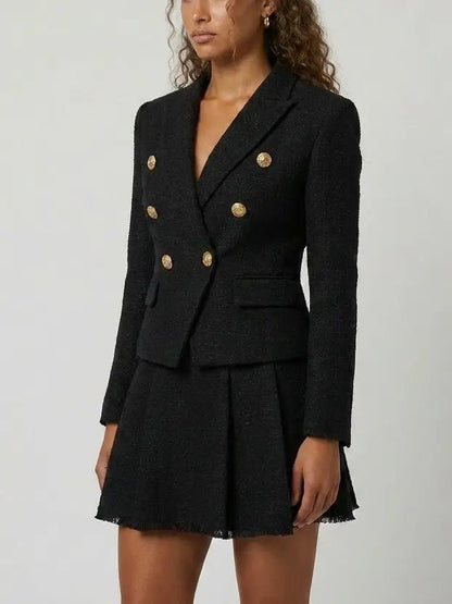 Double-Breasted Tweed Blazer and Skirt Set in Black - Suits & Sets