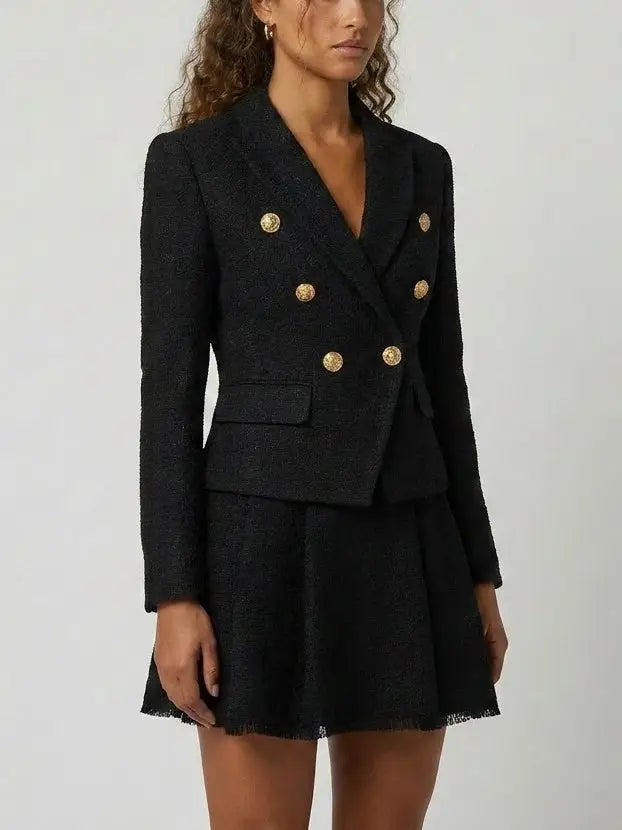 Double-Breasted Tweed Blazer and Skirt Set in Black - Suits & Sets