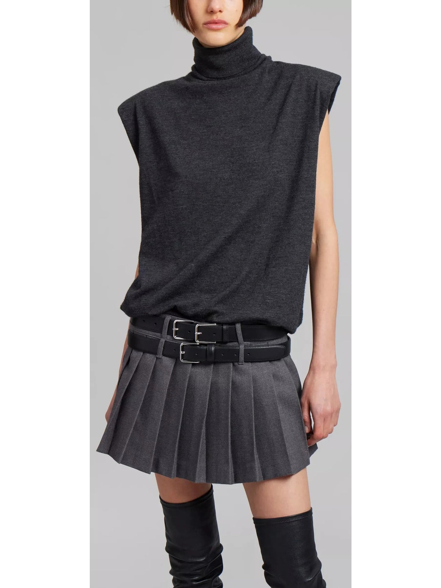 Double-Buckled Belted Pleated Gray Mini Skirt - Branna Couture