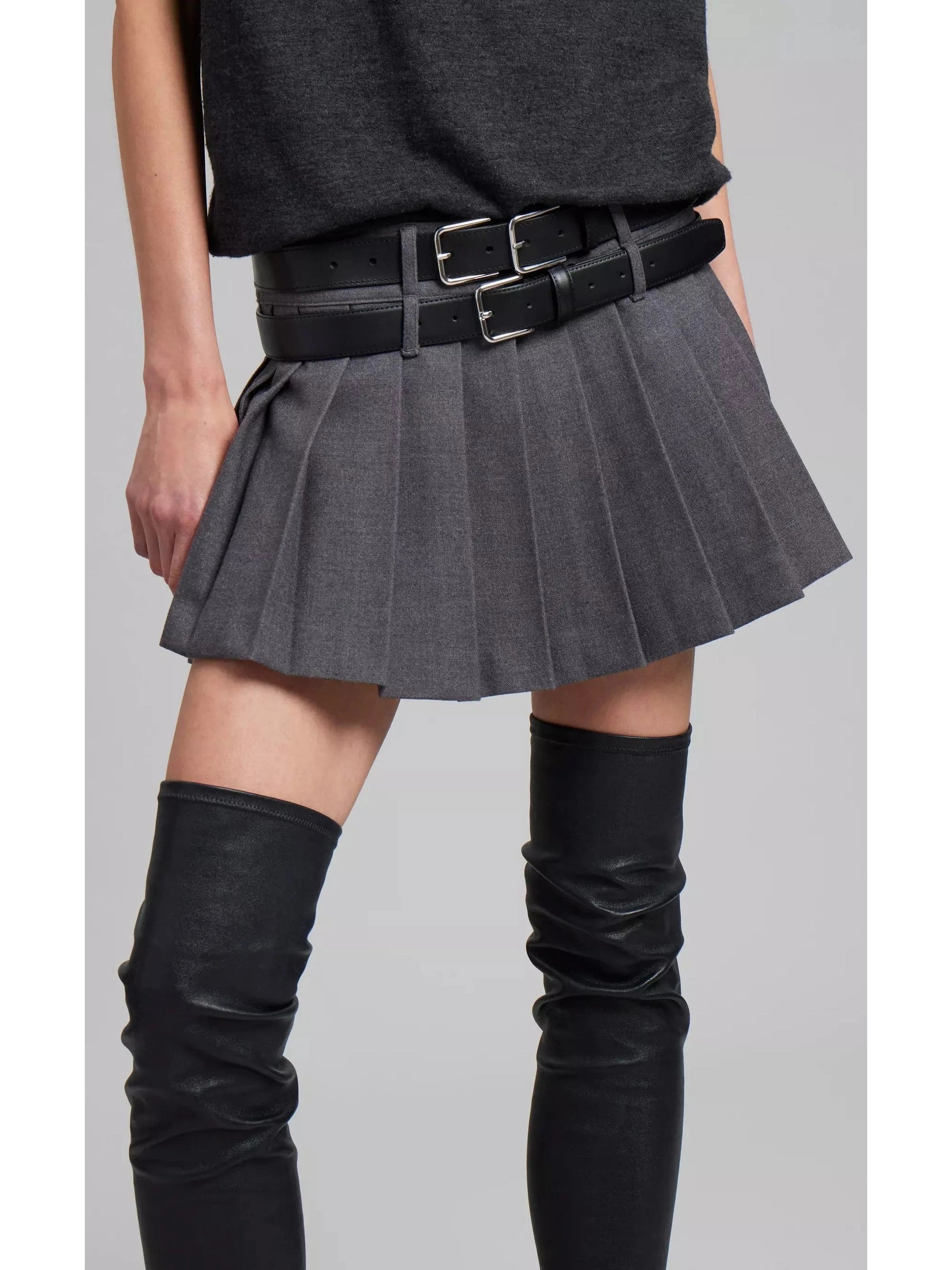 Double-Buckled Belted Pleated Gray Mini Skirt - Branna Couture