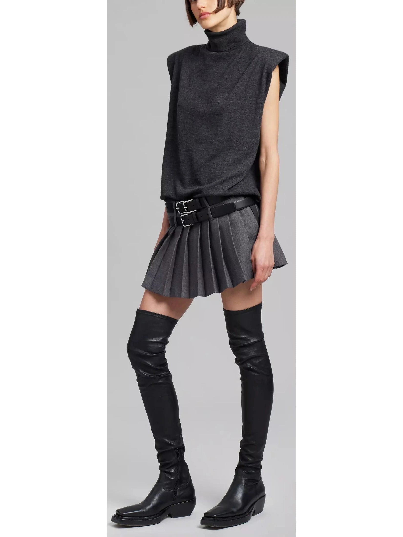 Double-Buckled Belted Pleated Gray Mini Skirt - Branna Couture