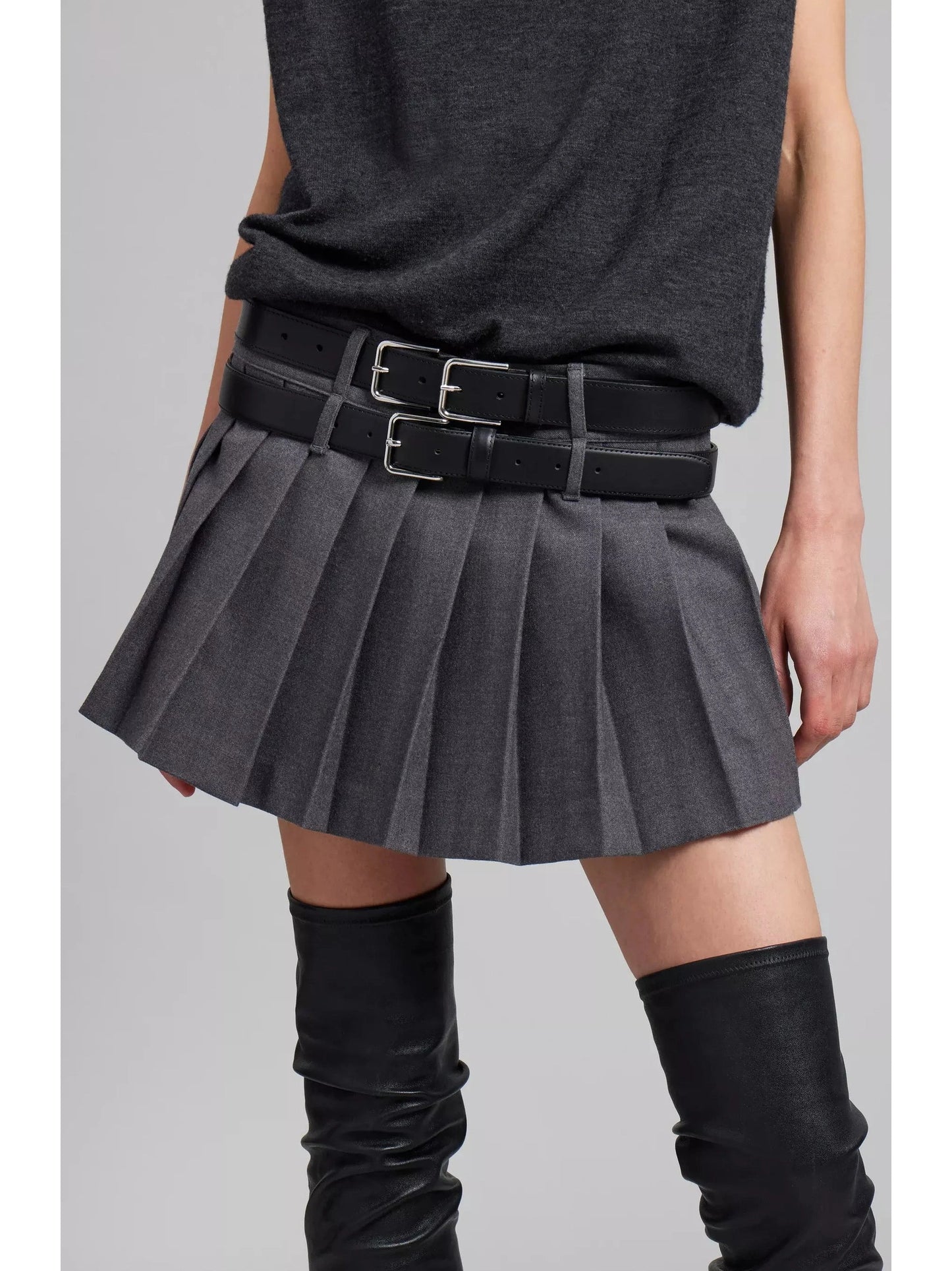 Double-Buckled Belted Pleated Gray Mini Skirt - Branna Couture