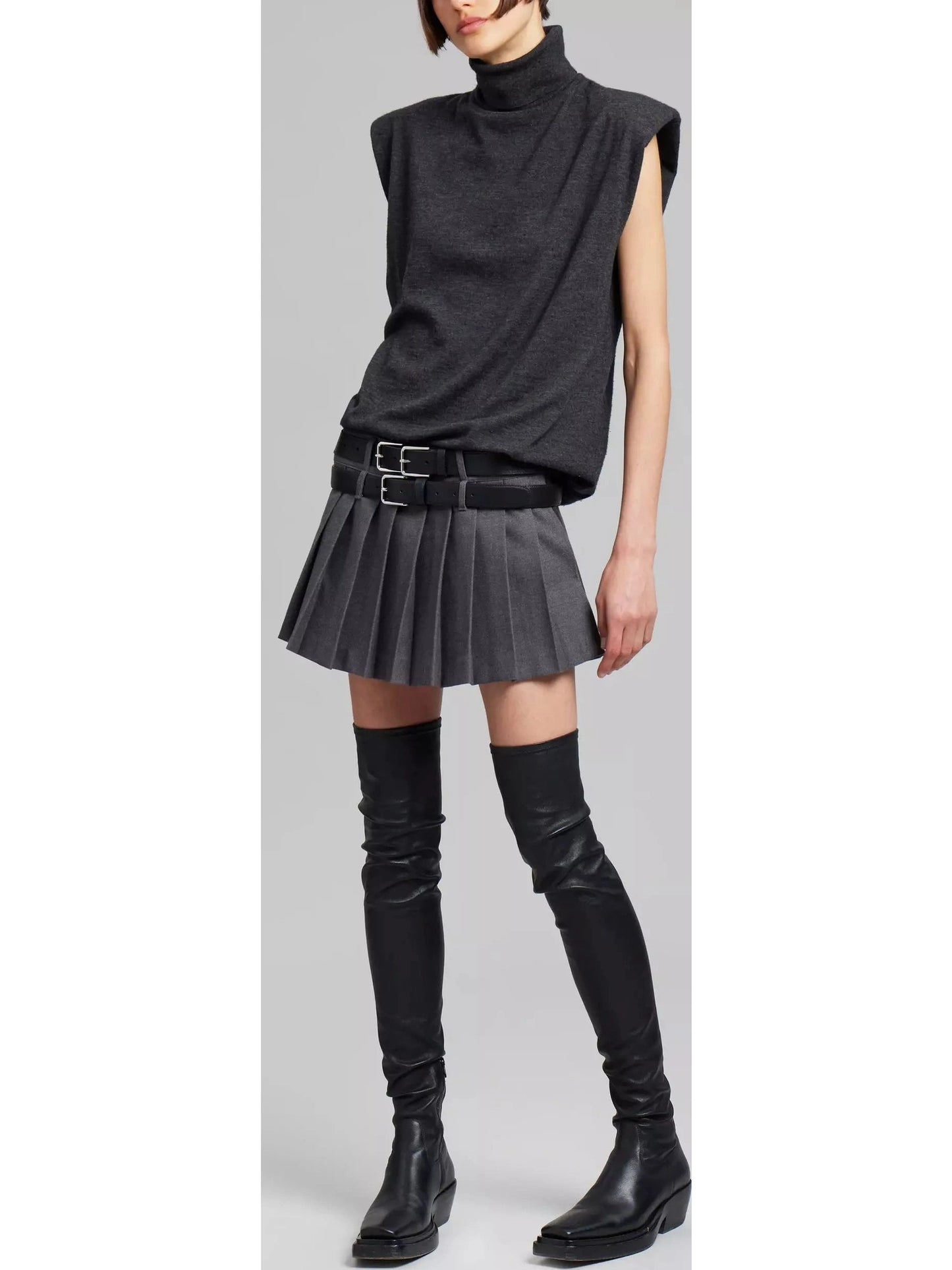 Double-Buckled Belted Pleated Gray Mini Skirt - Branna Couture