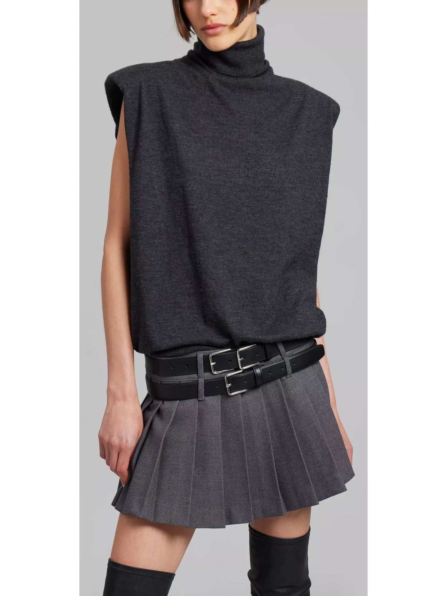 Double-Buckled Belted Pleated Gray Mini Skirt - Branna Couture