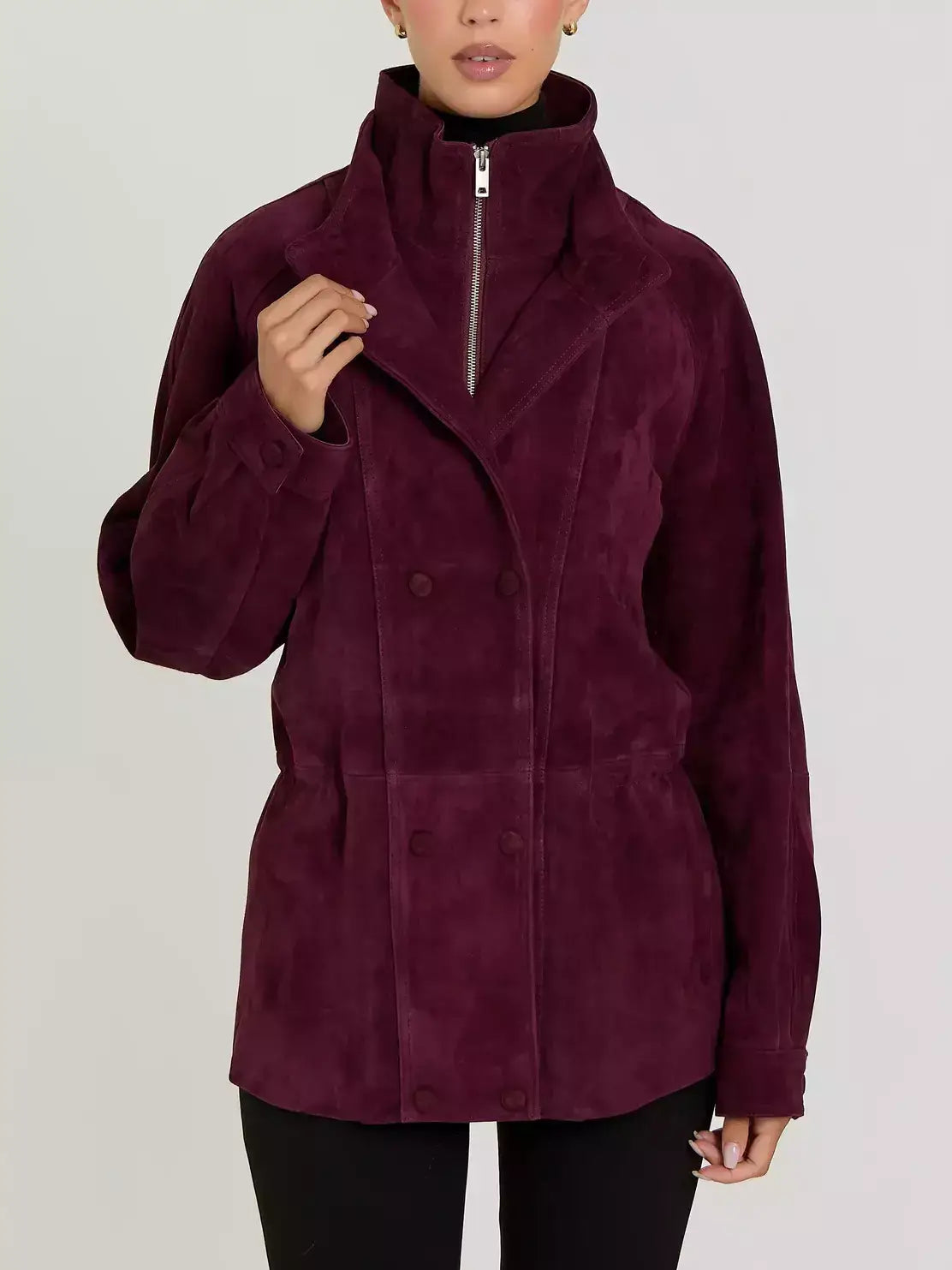 Double-Collar Suede Jacket with Drawstring Waist - S / Burgundy - Jackets