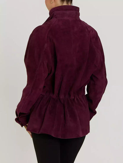 Double-Collar Suede Jacket with Drawstring Waist - Jackets