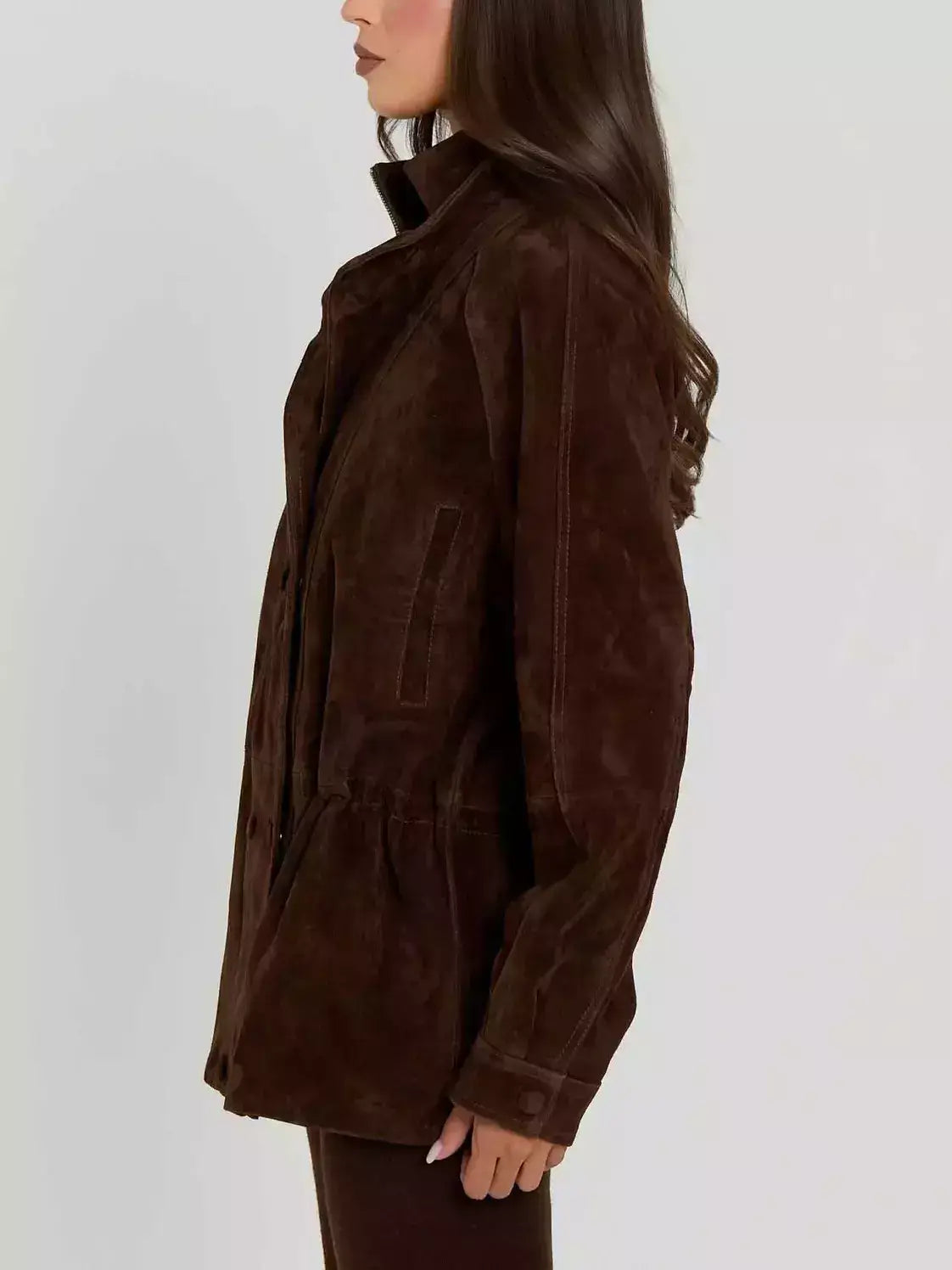 Double-Collar Suede Jacket with Drawstring Waist - Jackets