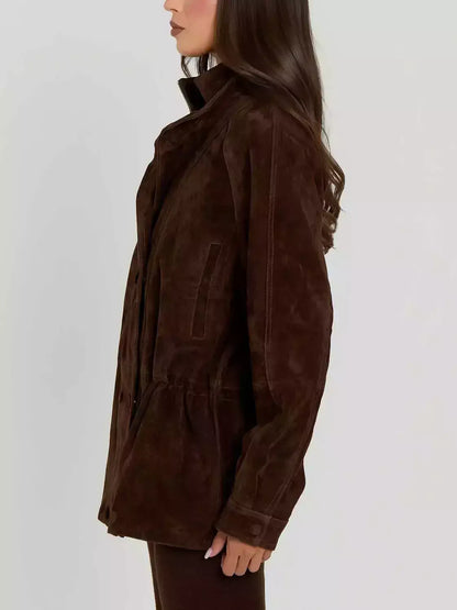 Double-Collar Suede Jacket with Drawstring Waist - Jackets