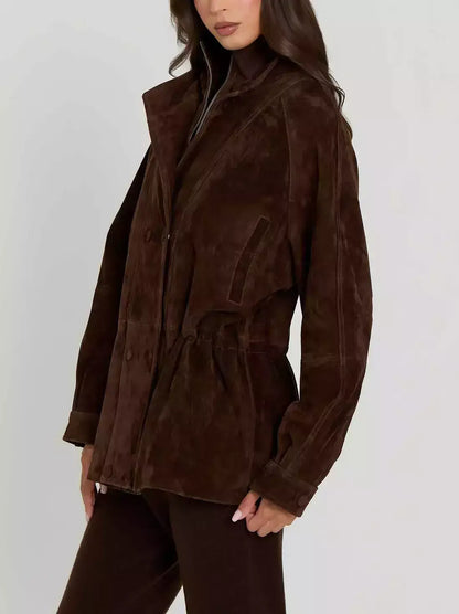 Double-Collar Suede Jacket with Drawstring Waist - Jackets