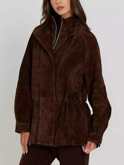 Double-Collar Suede Jacket with Drawstring Waist - S / Brown - Jackets