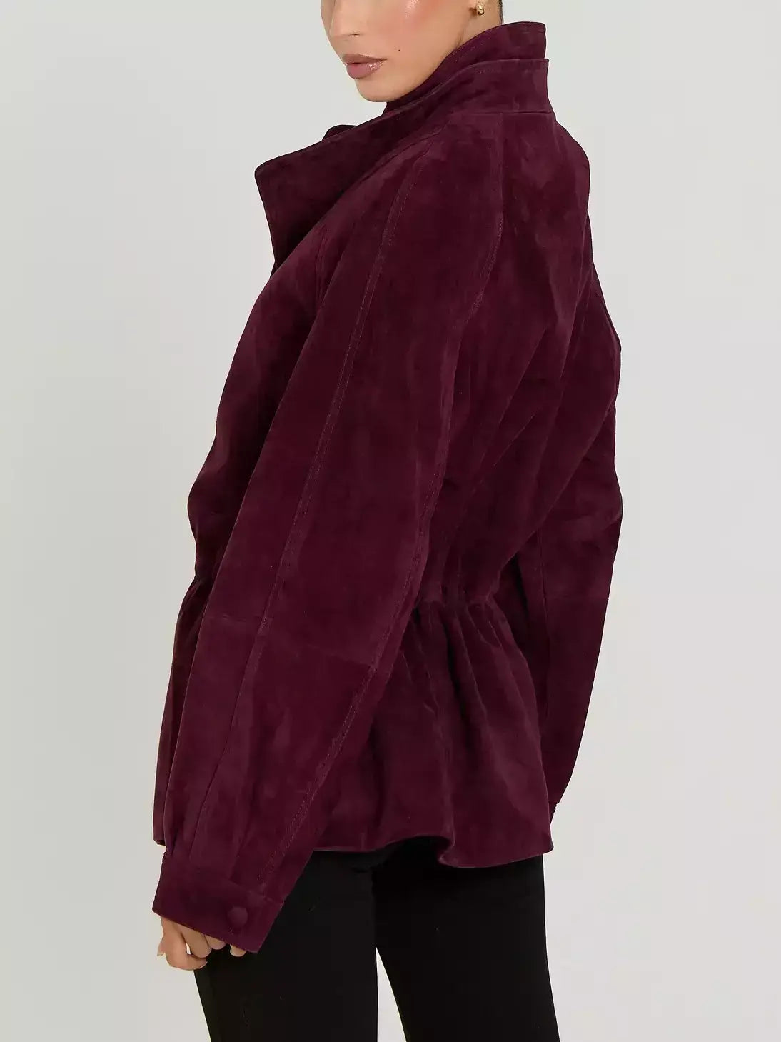 Double-Collar Suede Jacket with Drawstring Waist - Jackets