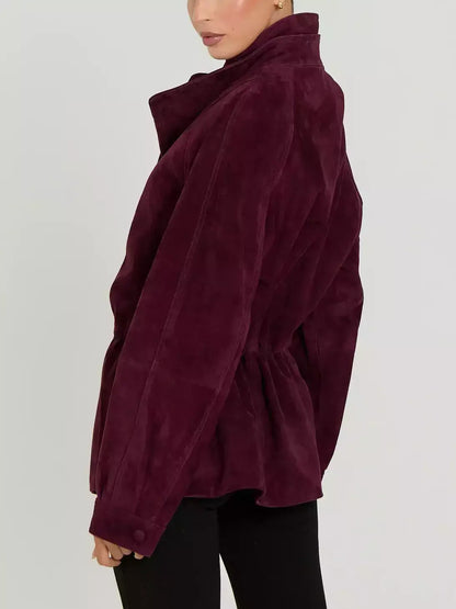 Double-Collar Suede Jacket with Drawstring Waist - Jackets