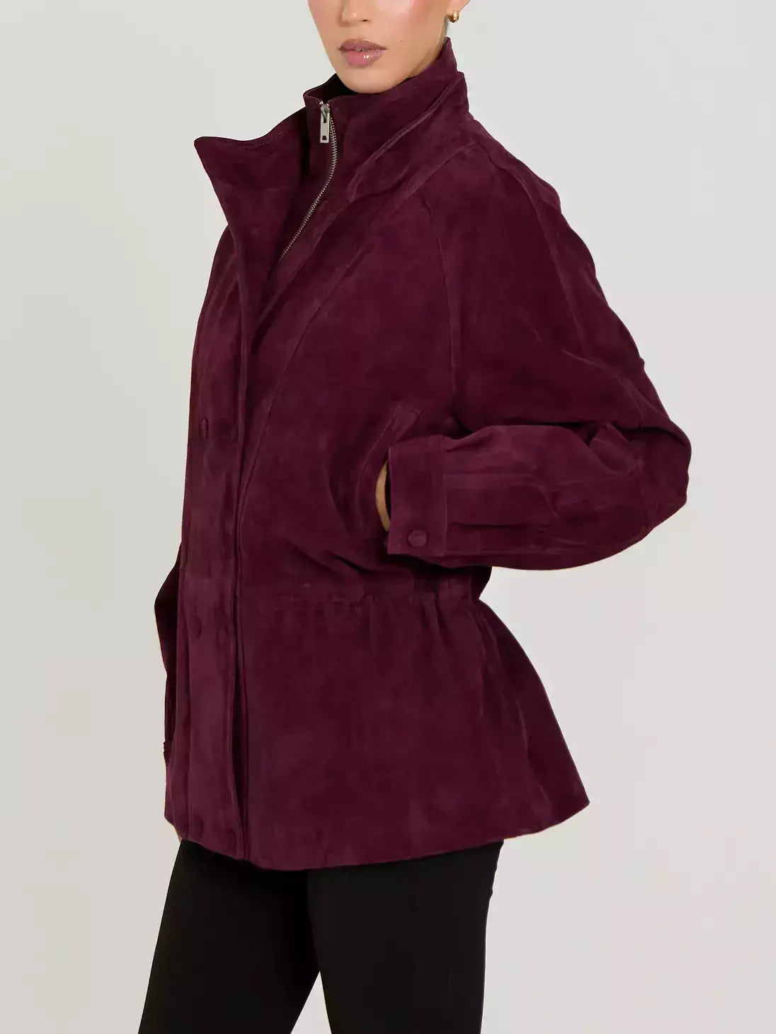 Double-Collar Suede Jacket with Drawstring Waist - Jackets