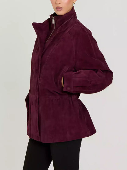 Double-Collar Suede Jacket with Drawstring Waist - Jackets