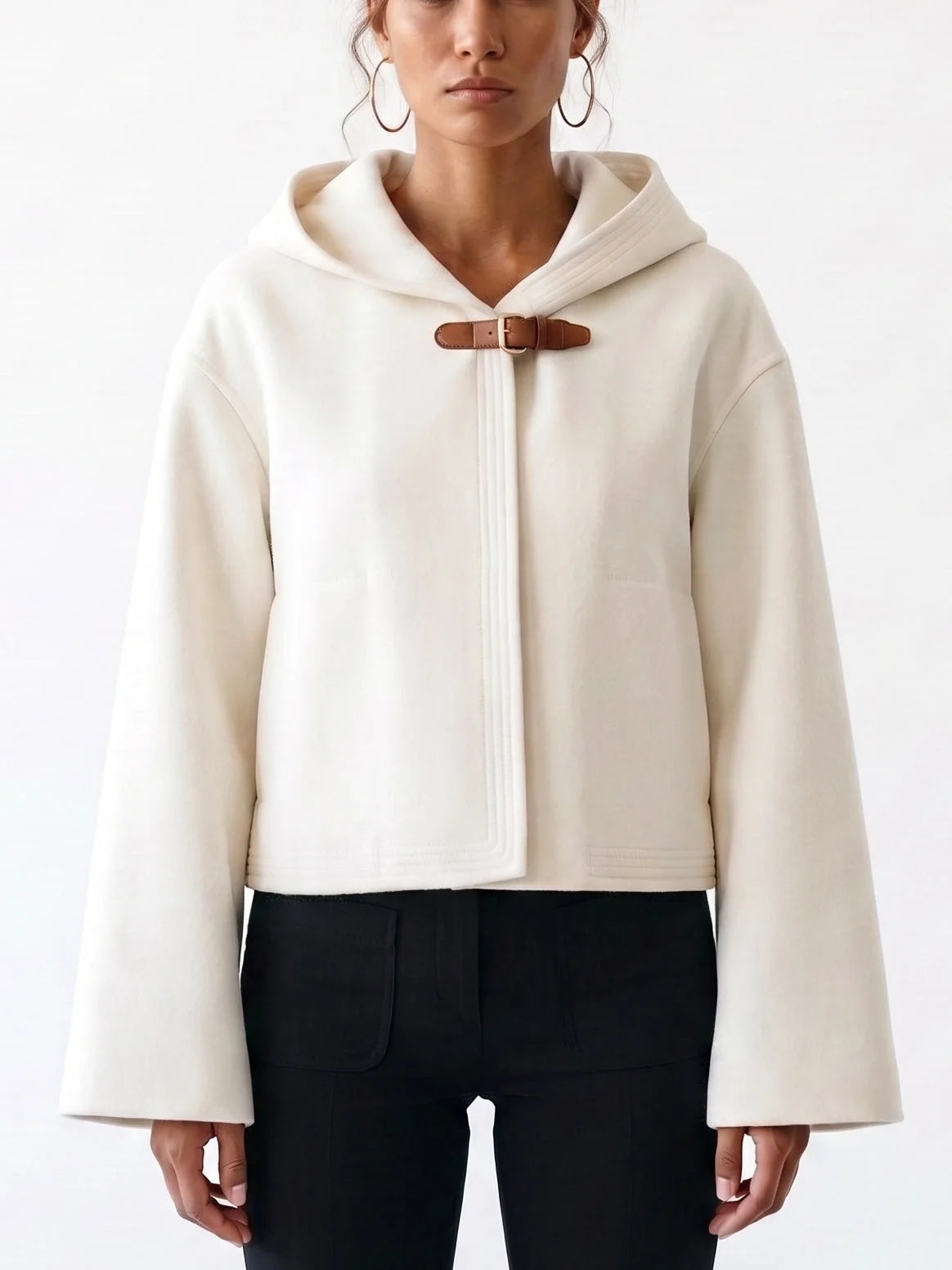 Double-Faced Wool Cashmere Hooded Jacket with Leather Strap - Small / White - Jackets