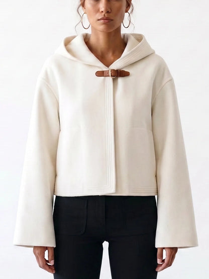 Double-Faced Wool Cashmere Hooded Jacket with Leather Strap - Small / White - Jackets