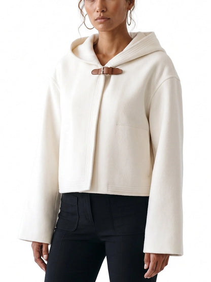 Double-Faced Wool Cashmere Hooded Jacket with Leather Strap - Jackets
