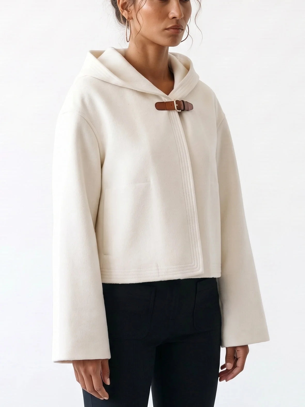 Double-Faced Wool Cashmere Hooded Jacket with Leather Strap - Jackets