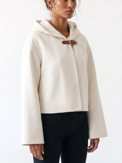 Double-Faced Wool Cashmere Hooded Jacket with Leather Strap - Jackets