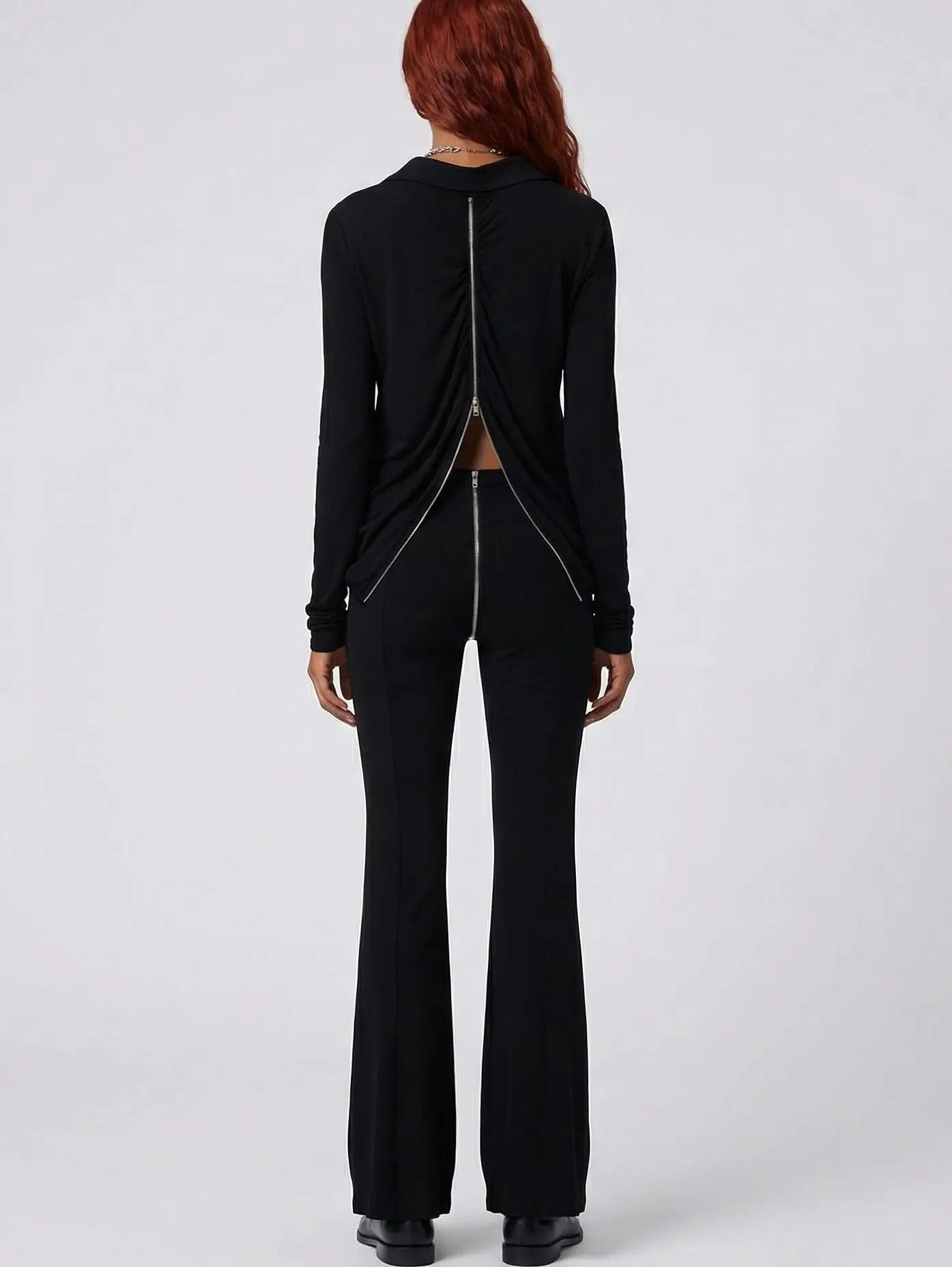 Double-Zip Black Stretch Top and Pant Set - Suits & Sets