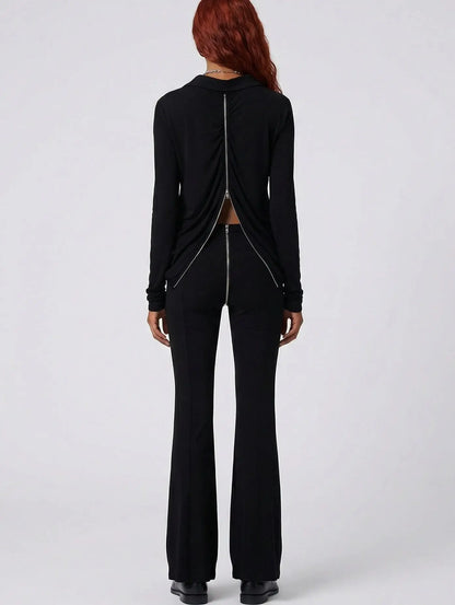 Double-Zip Black Stretch Top and Pant Set - Suits & Sets