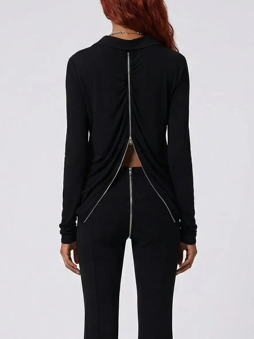 Double-Zip Black Stretch Top and Pant Set - Suits & Sets