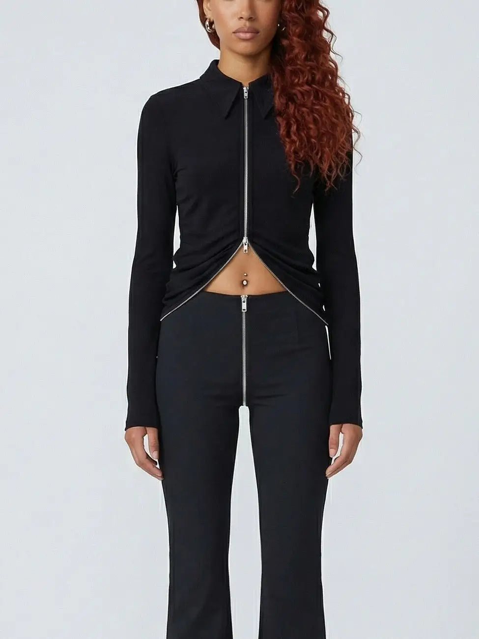 Double-Zip Black Stretch Top and Pant Set - Suits & Sets