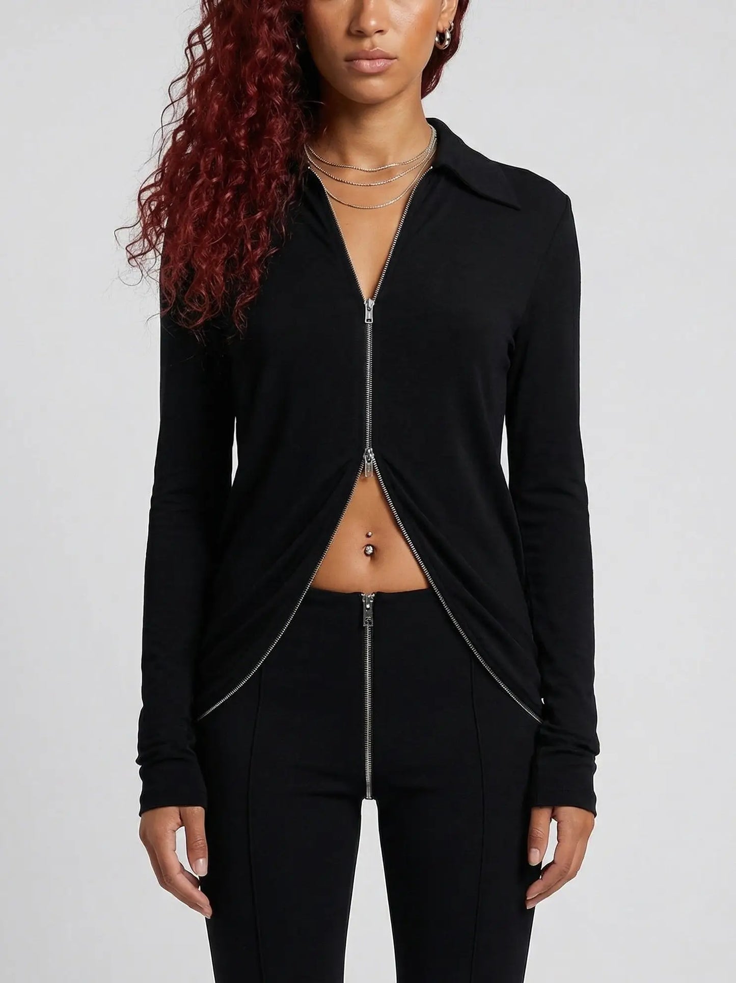 Double-Zip Black Stretch Top and Pant Set - Suits & Sets