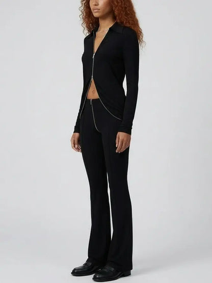 Double-Zip Black Stretch Top and Pant Set - Suits & Sets