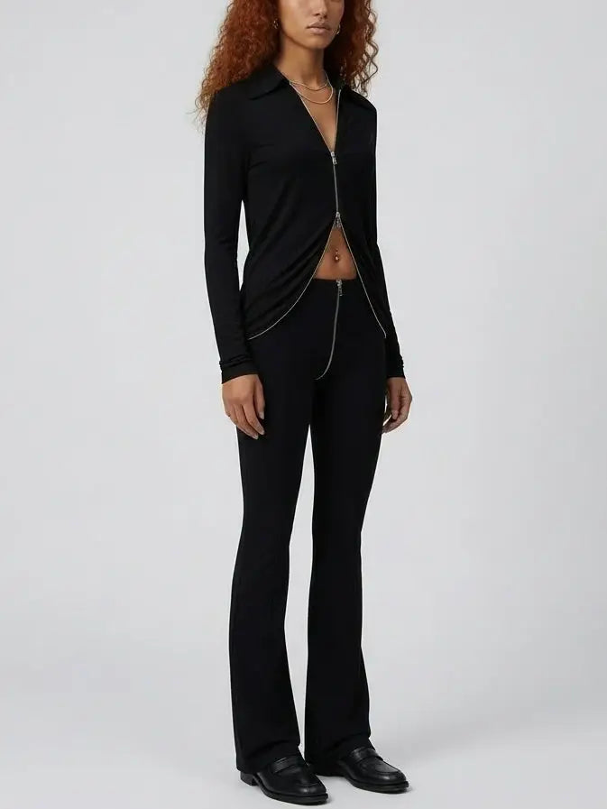 Double-Zip Black Stretch Top and Pant Set - Suits & Sets