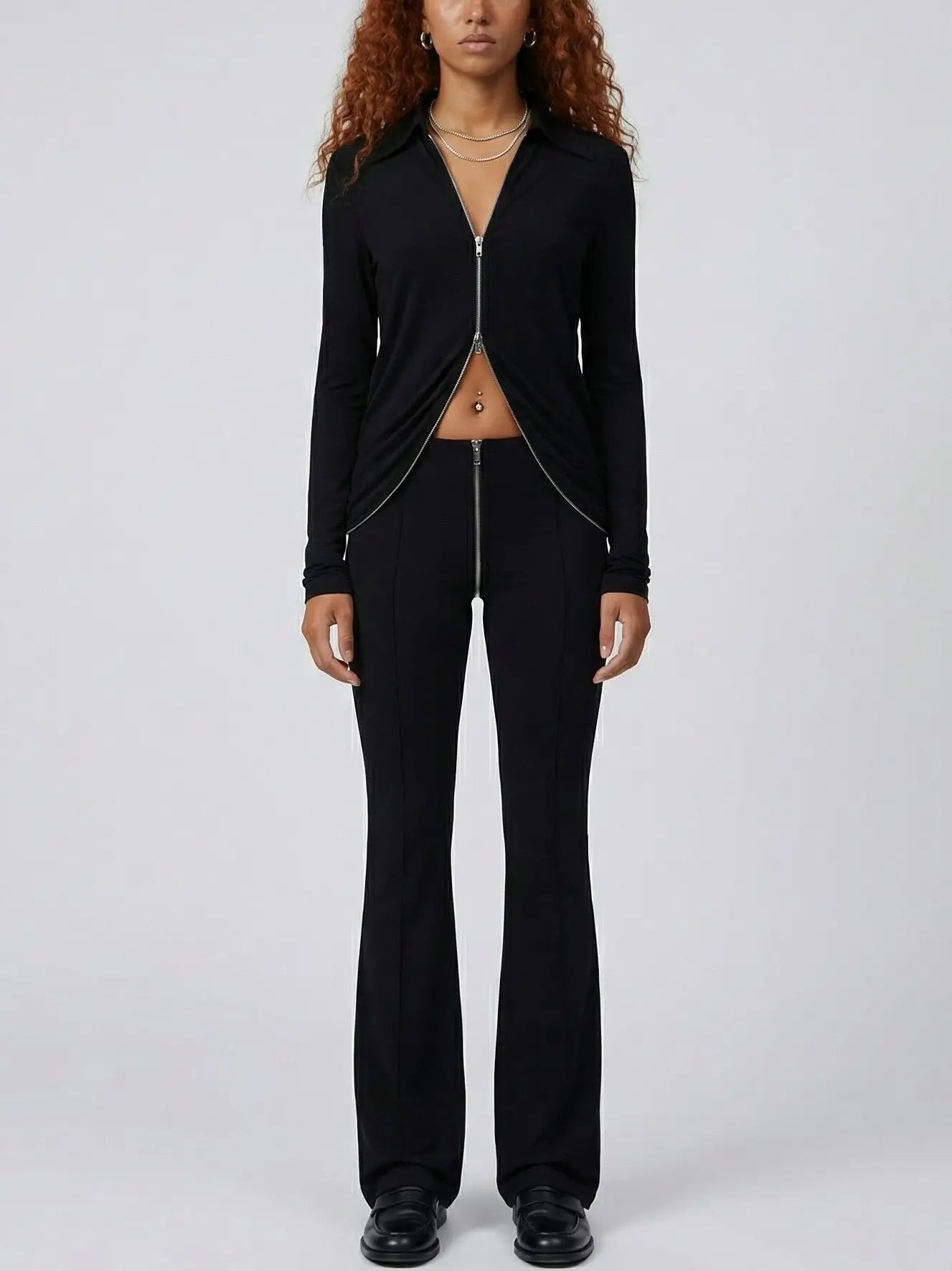 Double-Zip Black Stretch Top and Pant Set - Suits & Sets