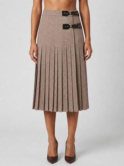 Pleated Check Midi Skirt with Double Buckle Detail