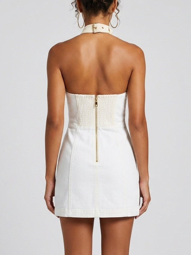 Double Buckle Halterneck White Denim Mini Dress - Dresses
