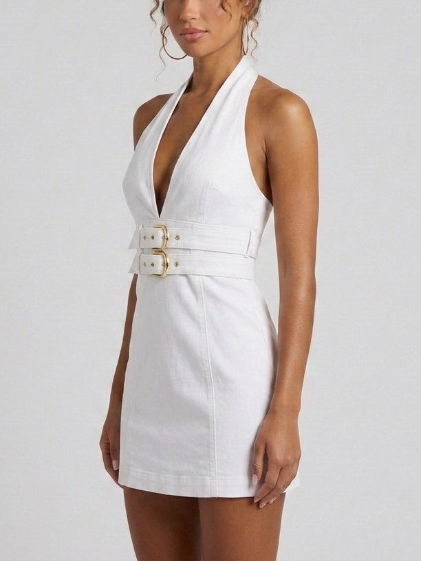 Double Buckle Halterneck White Denim Mini Dress - Dresses