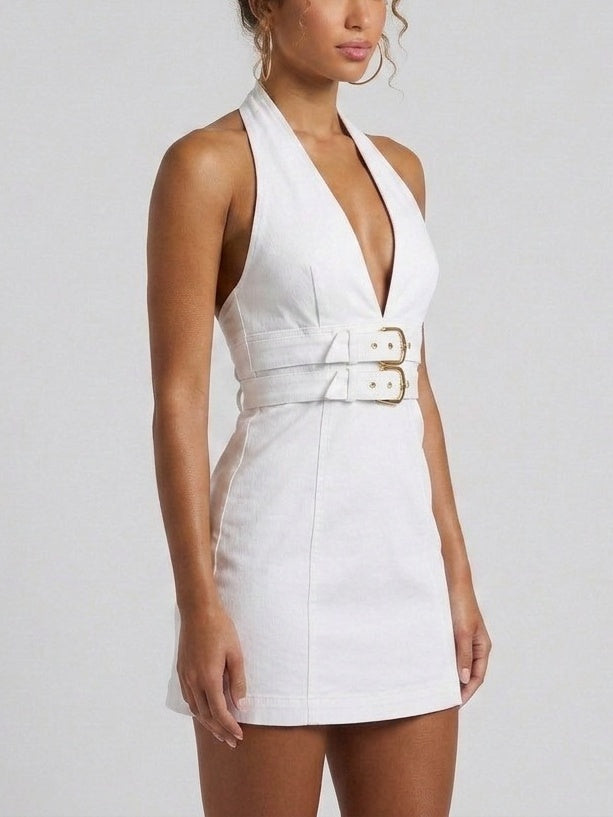 Double Buckle Halterneck White Denim Mini Dress - Dresses
