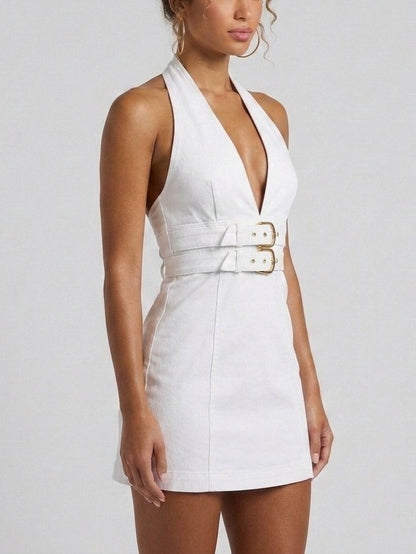Double Buckle Halterneck White Denim Mini Dress - Dresses