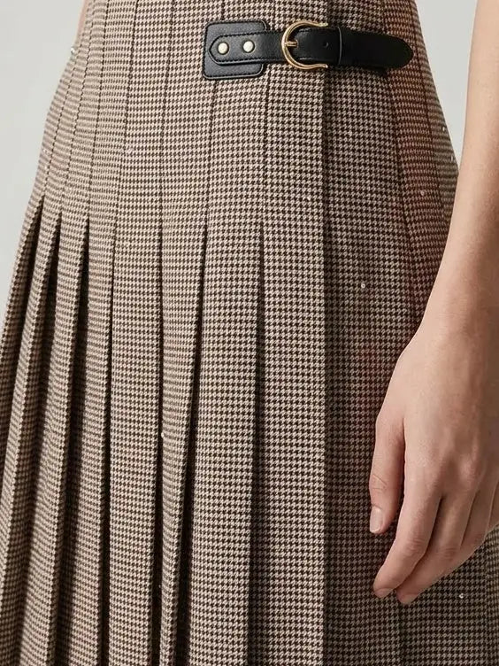 Double Buckle Pleated Check Midi Skirt - Skirts