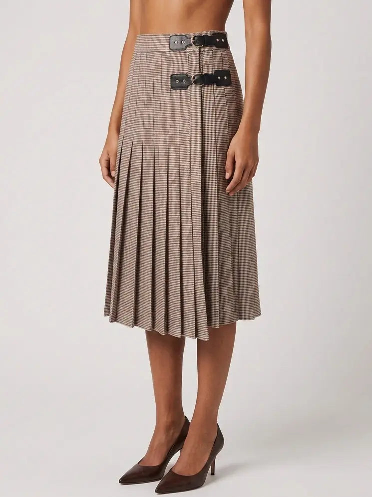 Double Buckle Pleated Check Midi Skirt - Skirts