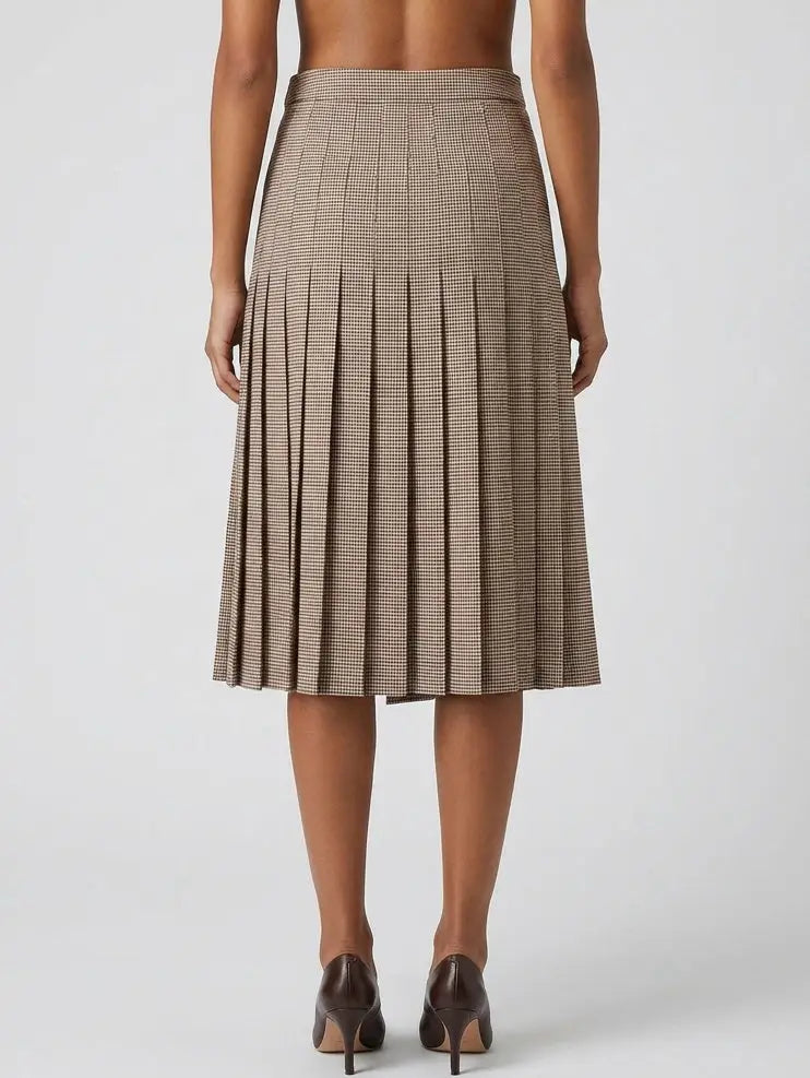 Double Buckle Pleated Check Midi Skirt - Skirts